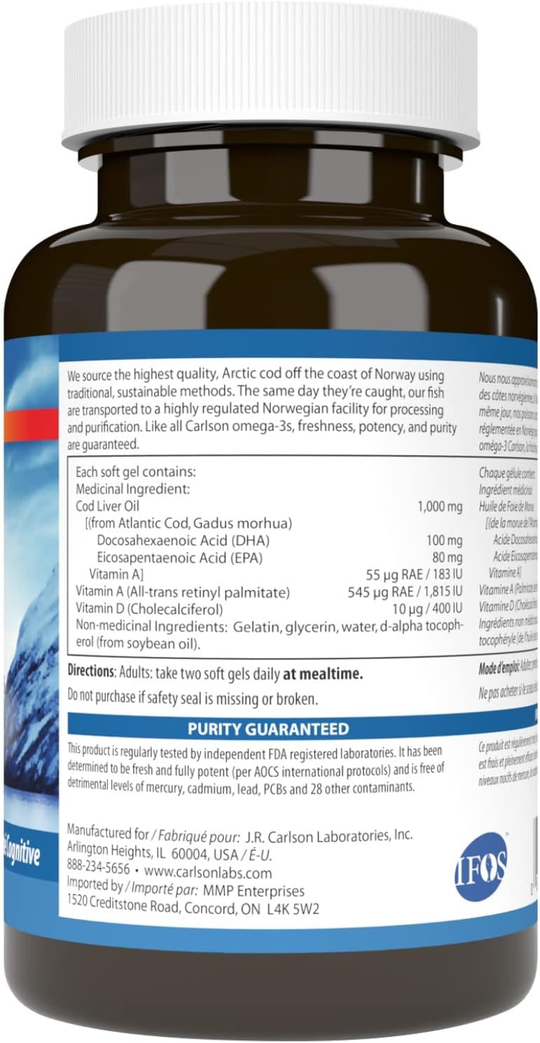 Carlson - Cod Liver Oil, Super 1000 mg + Vitamins A & D3, Wild Norwegi