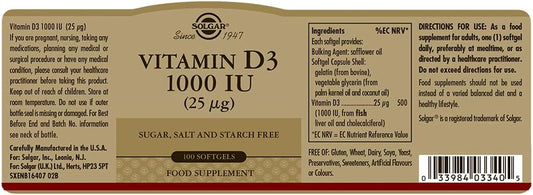 Solgar Vitamin D3 (Cholecalciferol) 25 Mcg (1000 Iu), 100 Softgels - Helps Maintain Healthy Bones & Teeth - Immune System Support - Non-Gmo, Gluten Free, Dairy Free - 100 Servings