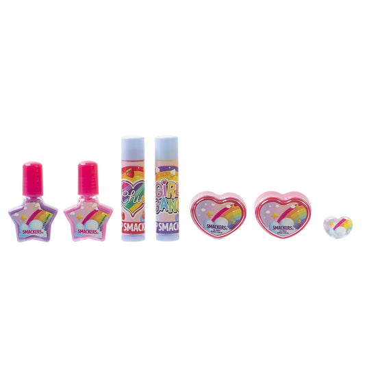 Lip Smacker Rainbow Nail Polish & Flavored Lip Balm Makeup Bag For Girls | Tote | Purse | Christmas Make Up Collection | Holiday Present | Gift For Kids Set Of 7