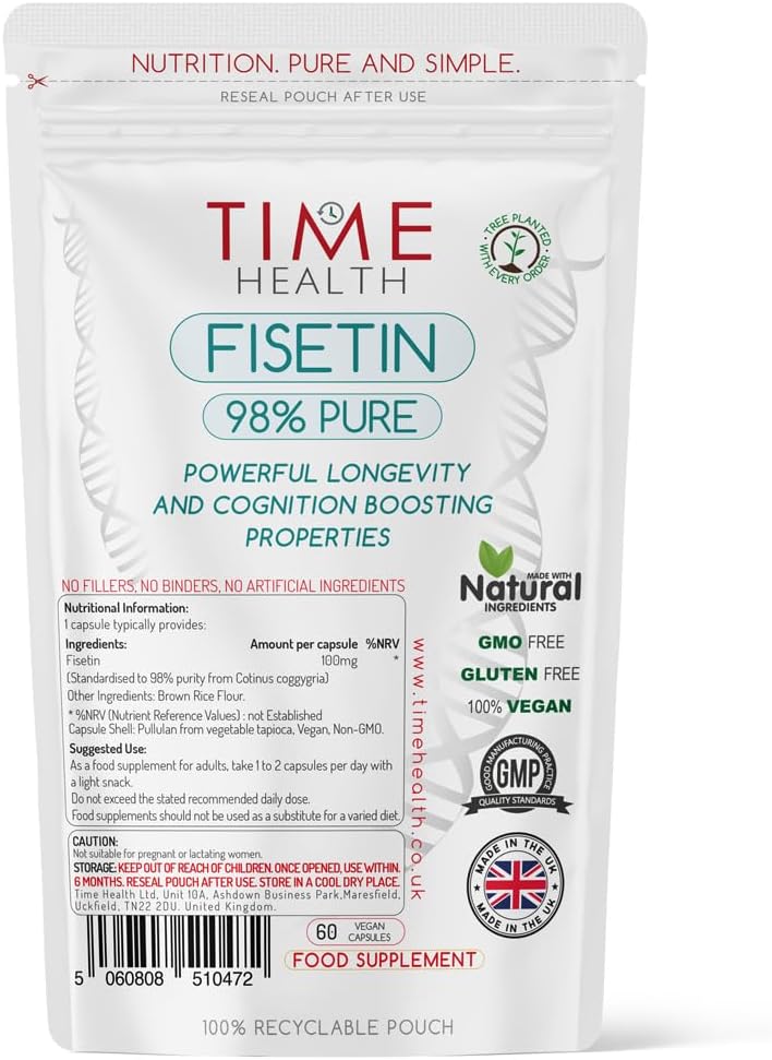 Fisetin - Ultra Pure - 100mg - 60 Capsules - Anti-Ageing - Autophagy - Senolytic - GMP Standards - UK Made - Vegan (60 Capsule Pouch) : Amazon.co.uk: Health & Personal Care