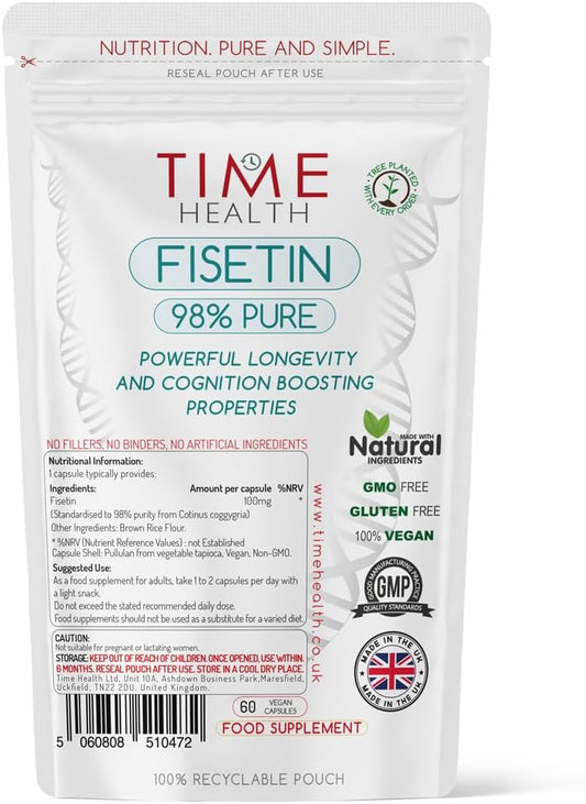 Fisetin - Ultra Pure - 100mg - 60 Capsules - Anti-Ageing - Autophagy - Senolytic - GMP Standards - UK Made - Vegan (60 Capsule Pouch) : Amazon.co.uk: Health & Personal Care
