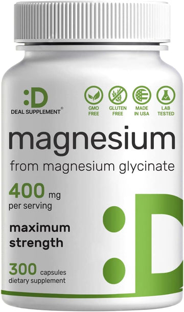 Magnesium Glycinate 400Mg | Elemental Magnesium - 300 Capsules | Chelated For Easy Absorption | Highly Purified Essential Trace Mineral For Muscle, Joint, Heart, & Immune Support