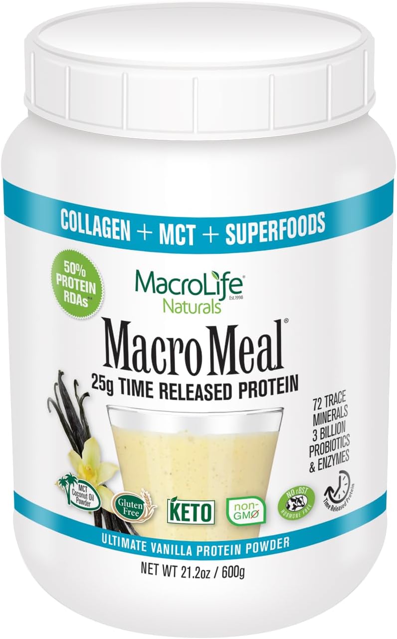 MacroLife Naturals MacroMeal Protein + Greens Superfood Powder Daily Wellness & Digestive Support Probiotics Enzymes & Fiber, Women & Men - Non-GMO, Gluten-Free OMNI Vanilla -21.2oz 600g (15 Servings)