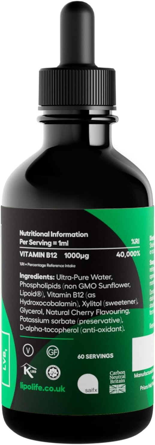 Vegan Liposomal Vitamin B12 High Strength | 60 Days Supply | Lipolife Lvb1| B12 Sublingual | Liposomal B12 For Rapid Absorption To Boost Energy And Reduce Fatigue