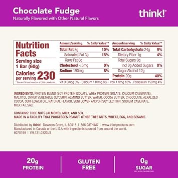 think! Protein Bars, High Protein Snacks, Gluten Free, Kosher Friendly, Chocolate Fudge, Nutrition Bars, 2.1 Oz per Bar, 10 Count (Packaging May Vary) : Grocery & Gourmet Food