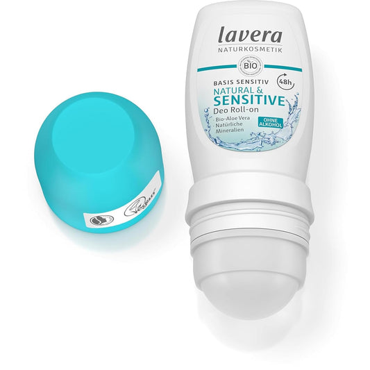Lavera Deo Roll-On Basis Sensitiv Natural & Sensitive Natural & Sensitive 48H - Vegan - Natural Cosmetics - Organic Aloe Vera & Natural Minerals - Without Aluminum - 48H Protection - 1.7 Fl Oz