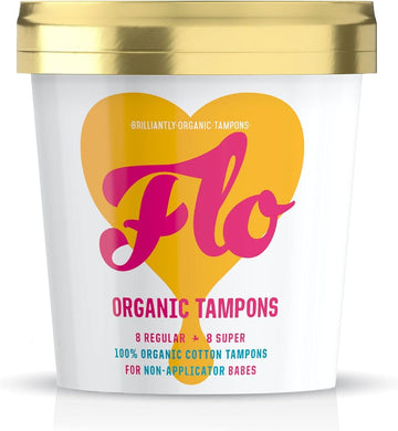 FLO Organic Non-Applicator Highly Absorbent Organic Tampons - Made from 100% Organic Cotton - Biodegradable - 8 Regular, 8 Super Combo - 16 Mix Pack