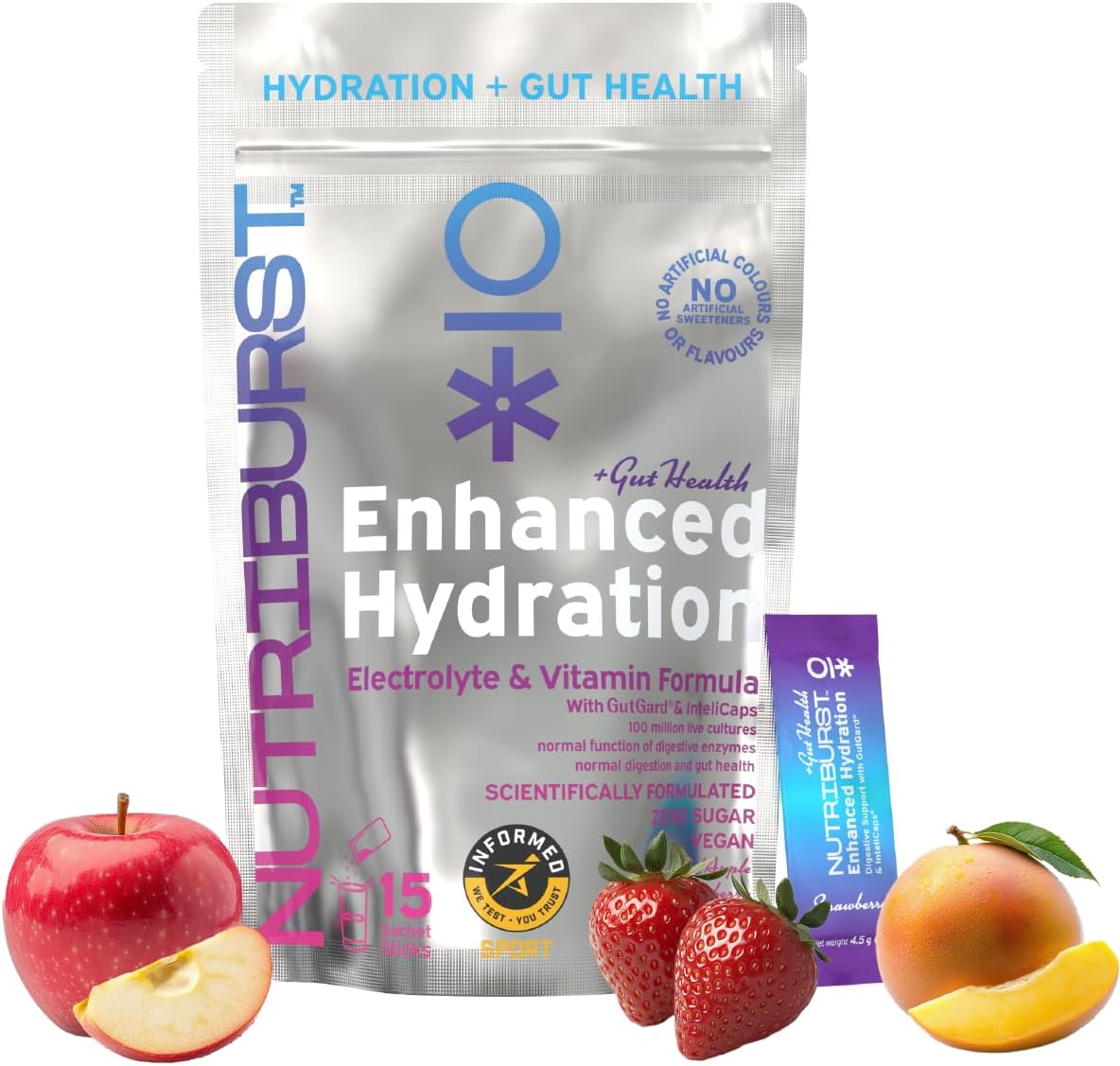 Nutriburst - Gut Health Electrolytes + 11 Vitamins & Minerals • Digestive Function • Gut Health - Suitable For Vegans - 15 Pack: Mango, Strawberry & Apple - Enhanced Hydration