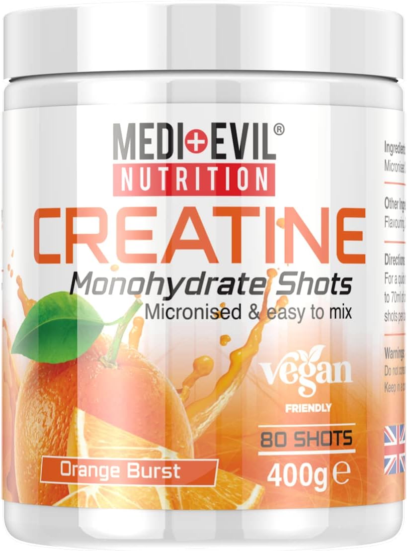 Medi-Evil Nutrition Creatine Monohydrate Shots Powder Vegan Friendly, Orange Burst Flavour, 400G, 80 Servings, Micronised For Easy Mixing (Pack Of 1 Tub)
