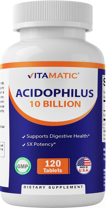 Vitamatic Acidophilus Probiotic - 10 Billion CFU - 5X Potency - Daily Probiotic Supplement, Supports Digestive Health - 120 Tablets