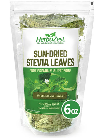 HerbaZest Sun-Dried Stevia Leaves - 6oz (170g) - Premium Whole Stevia Leaf - Naturally Sweet - Zero-Calorie Sugar Substitute - Perfect for Tea, Coffee, and Other Beverages