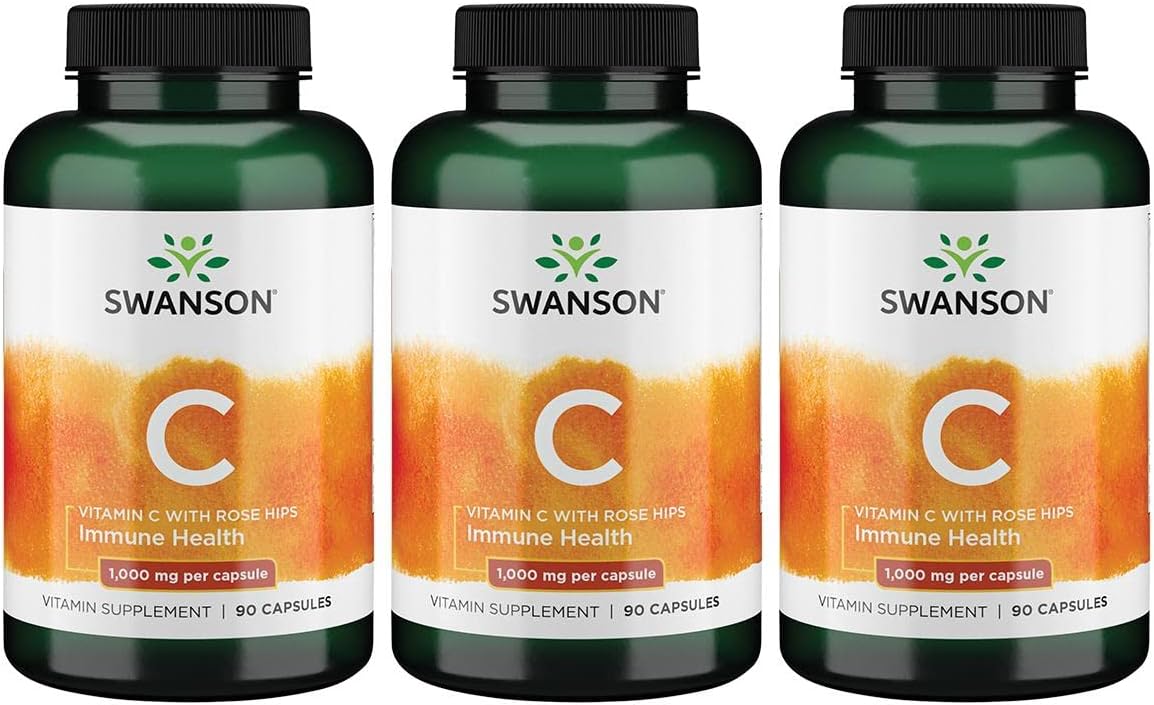 Swanson Vitamin C W/Rose Hips - Herbal Supplement Promoting Skin Health, Heart Health & Immune System Support - Natural Formula Promoting Protection & Wellness - (90 Capsules, 1000Mg Each) 3 Pack