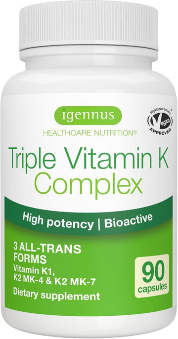 Igennus High Strength Triple Action Vitamin K Complex 2700 Mcg, K1 & K2 (Mk-4 & Mk-7), Advanced Bioactive Forms, Bone & Cardiovascular Support, Clean Label, Vegan, 90 Capsules