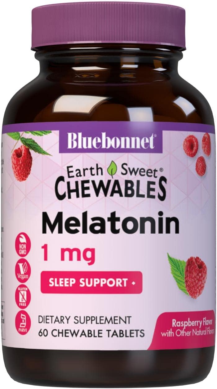 Bluebonnet Nutrition Earthsweet Melatonin 1 Mg Fast-Acting Quick Dissolve Nighttime Relaxation & Restful Sleep Support - Sleep Aid - Gluten-Free, Vegan - Flavor - Chewable Tablets Raspberry