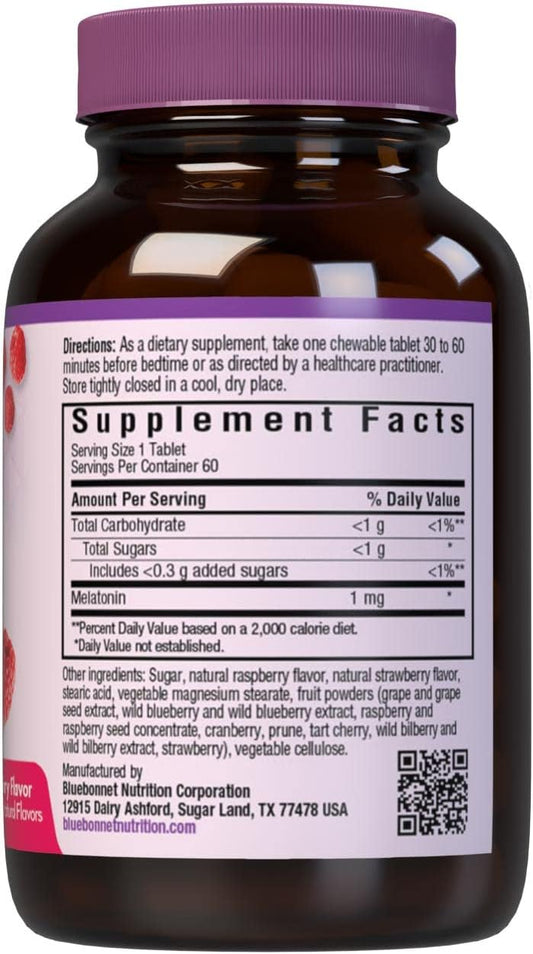 Bluebonnet Nutrition Earthsweet Melatonin 1 Mg Fast-Acting Quick Dissolve Nighttime Relaxation & Restful Sleep Support - Sleep Aid - Gluten-Free, Vegan - Flavor - Chewable Tablets Raspberry