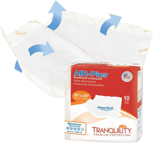 Tranquility Air-Plus Breathable Underpads, 30"X36" 40Ct Case, Incontinence Pads With Ultimate Air Circulation, Powersorb Design To Lock-In Fluids, Ideal For Low-Air-Loss Bed Systems