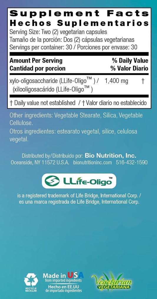 Bio Nutrition Inc Pre-Biotic Fiber - Llife-Oligo - 1400 Mg - 60 Vegetarian Capsules - Gluten Free - Improves Gut Health - Clinically Tested By