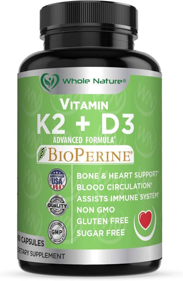 K2 D3 Vitamin Supplement with BioPerine - Vegan Calcium with Vitamins K and D - Advanced D3K2 VIT 5000 IU - 60 Vegan D3 Plus K2 MK-7 Complex Nutritional Capsules for Heart & Bone Health (1