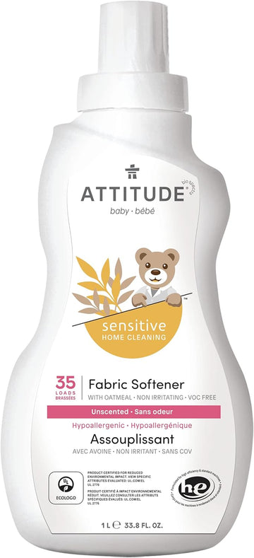 Attitude Baby Fabric Softener For Sensitive Skin, Plant And Mineral-Based Ingredients, Vegan And Cruelty-Free Household Products, Unscented, 35 Loads, 33.8 Fl Oz