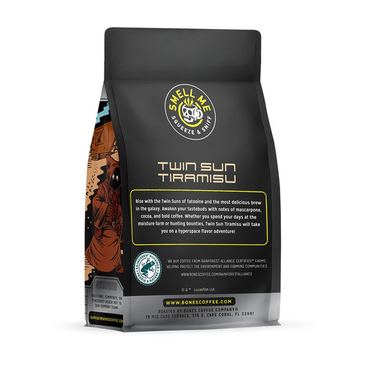 Bones Coffee Company Twin Sun Tiramisu Ground Coffee Beans Tiramisu Flavor | 12 oz Flavored Coffee Medium Roast Gourmet Star Wars Inspired Coffee (Ground)