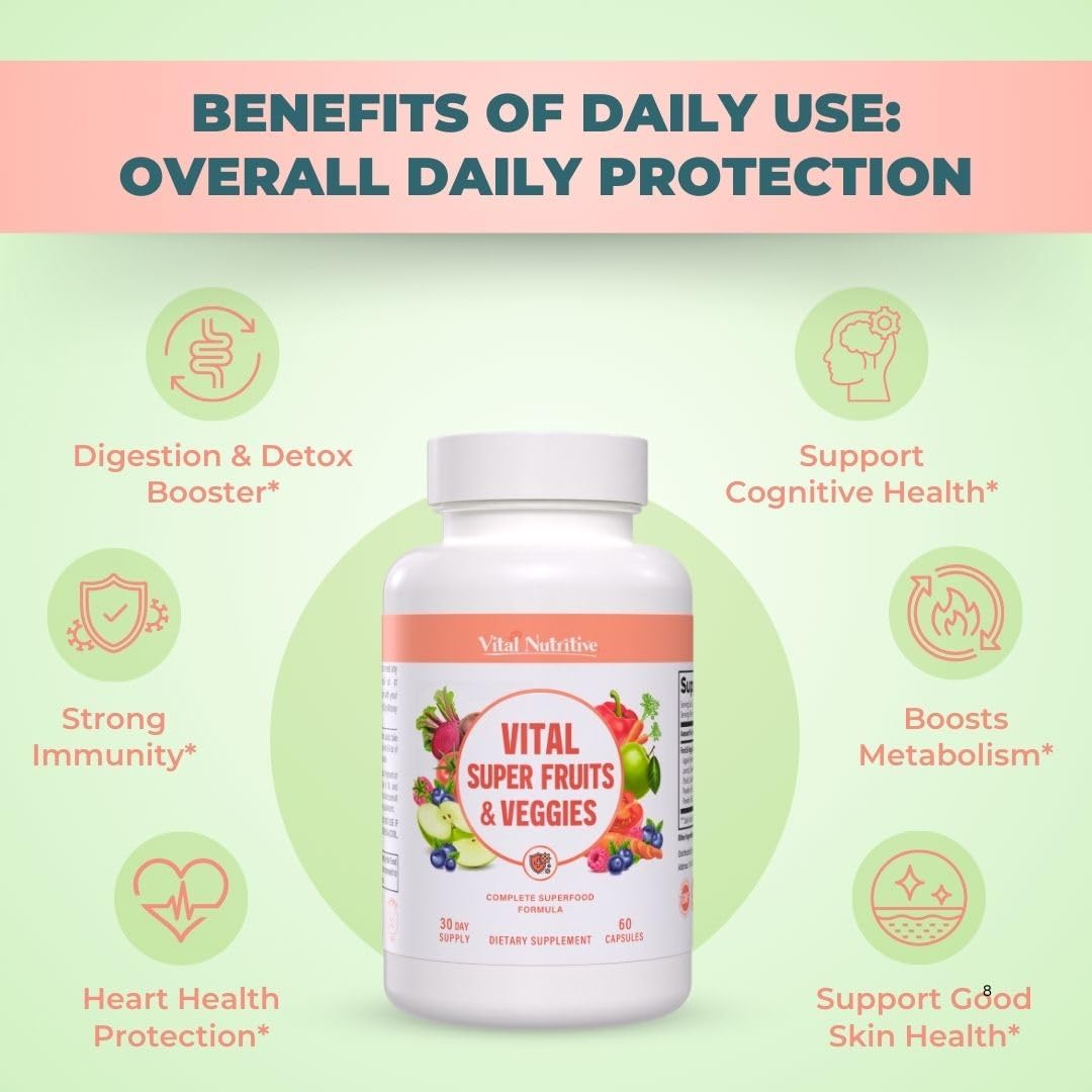 Vital Super Fruits & Veggies - Daily Superfood Capsules For Adults - Fruit And Veggies Supplement To Boost Immunity & Energy - 2-In-1 Formula For Overall Wellness - Fruit And Vegetable Capsules : Health & Household