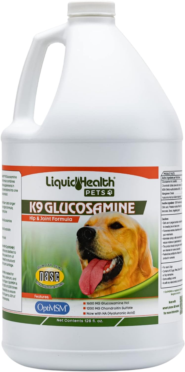 LIQUIDHEALTH 128 Oz K9 Liquid Glucosamine for Dogs, Puppies and Seniors - Chondroitin, MSM, Hyaluronic Acid – Dog Hip and Joint Health, Dog Vitamins for Dog Joint Pain, Dog Joint Oil - 1 Gallon