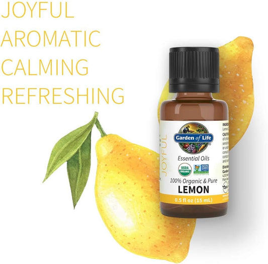 Garden Of Life Essential Oil, Lemon Usda Organic & Pure, Clean, Undiluted & Non-Gmo For Diffuser, Aromatherapy, Meditation, Joyful, Aromatic, Calming, Refreshing, 0.5 Fl Oz