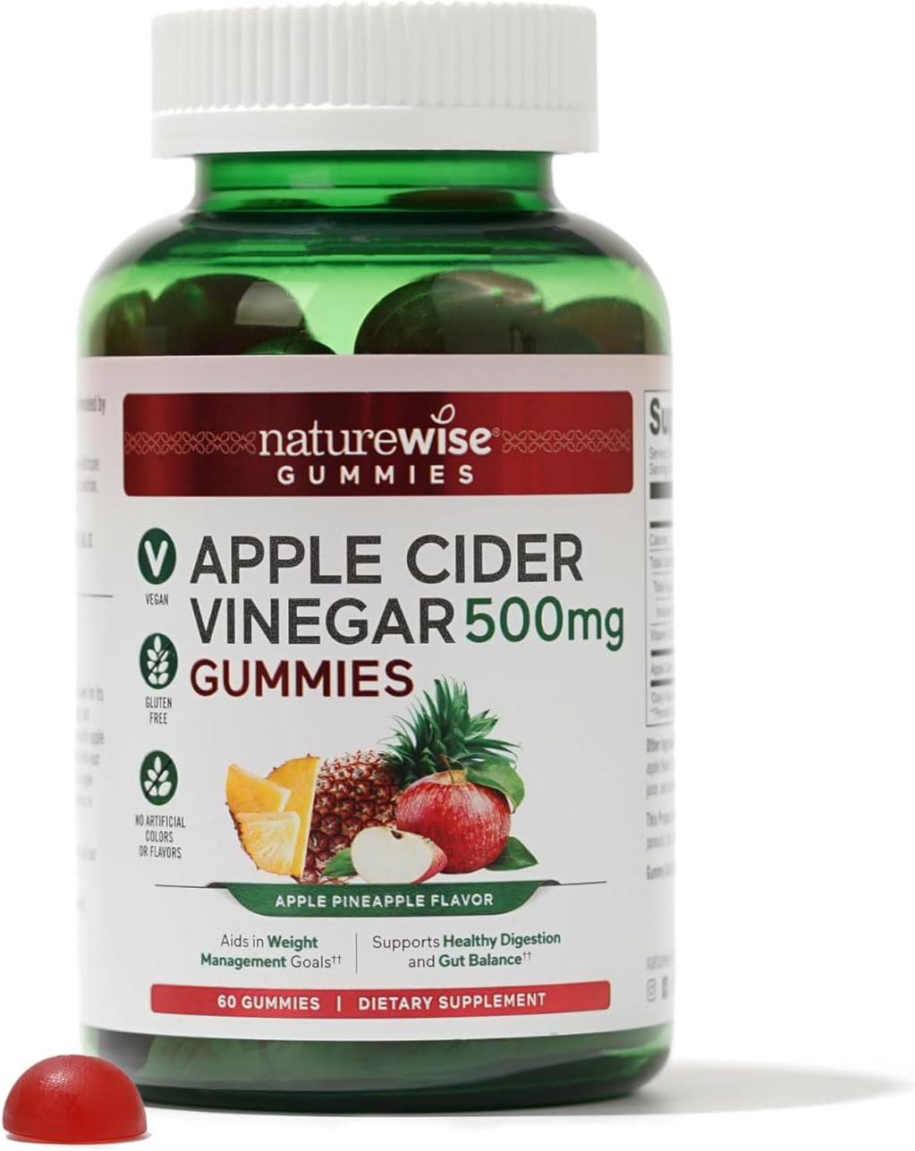 NatureWise Apple Cider Vinegar Gummies - 500mg ACV Gummies with Vitamin B12 - Apple-Pineapple Flavor - Support for Energy & Gut Health - Vegan, Gluten-Free, Non-GMO - 60 Gummies[2-Month Supply]