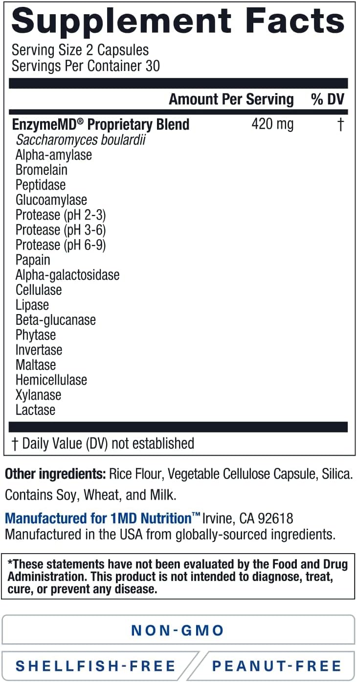 1Md Nutrition Enzymemd - Digestive Enzymes Supplement - Doctor Formulated | 18 Plant-Based Enzymes - Gas & Bloating Support | 60 Capsules
