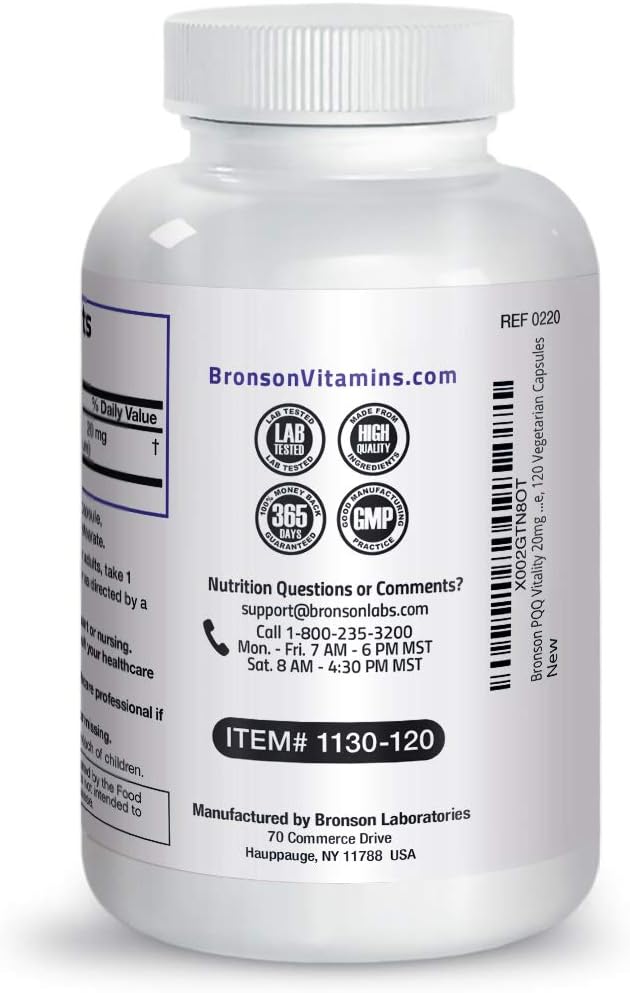 Bronson PQQ Vitality 20mg Pyroloquinoline Quinone Supplement Promotes Mitochondrial Biogenesis Non-GMO, 120 Vegetarian Capsules : Health & Household