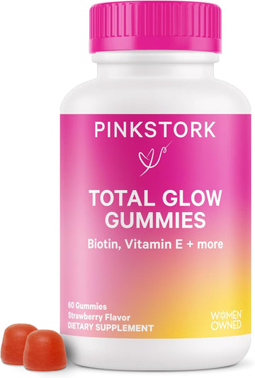 Pink Stork Total Glow Gummies - Hair, Skin, and Nails Vitamins - 11 Vitamins & Nutrients - Biotin, Vitamin A, B6, B12, Folate - Beautiful Hair, Radiant Skin, and Strong Nails - 60 Berry Biotin Gummies