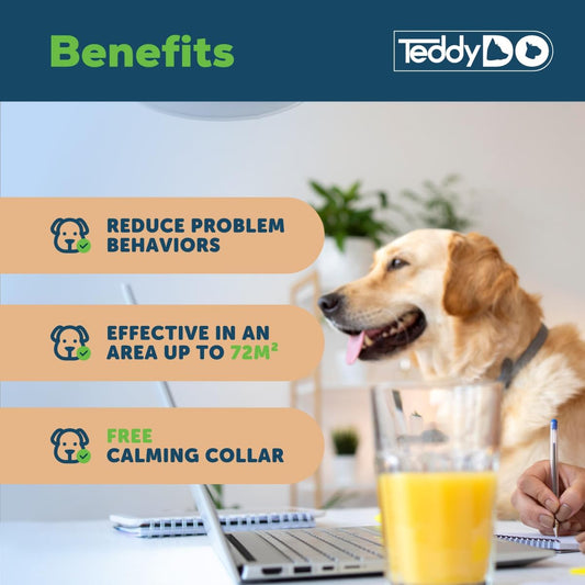 TeddyDo Calming Diffuser for Dogs | UK Plug In |Days Starter Kit | Free Calming Collar |Comfort, Calming and Relax Anxious Dog and Other Problematic Behaviors| 48 ml