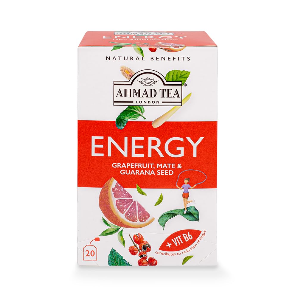 Ahmad Tea Herbal Tea, Grapefruit, Mate, Guarana Seed, & Vitamin B6 'Energy' Natural Benefits Teabags, 20 Ct (Pack Of 6) - Caffeinated & Sugar-Free