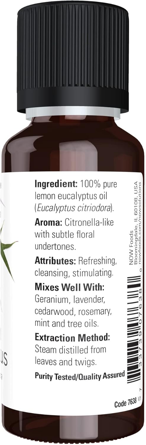 Now Essential Oils, Lemon Eucalyptus Oil, Refershing Aromatherapy Scent, Steam Distilled, 100% Pure , Vegan, Child Resistant Cap, 1-Ounce