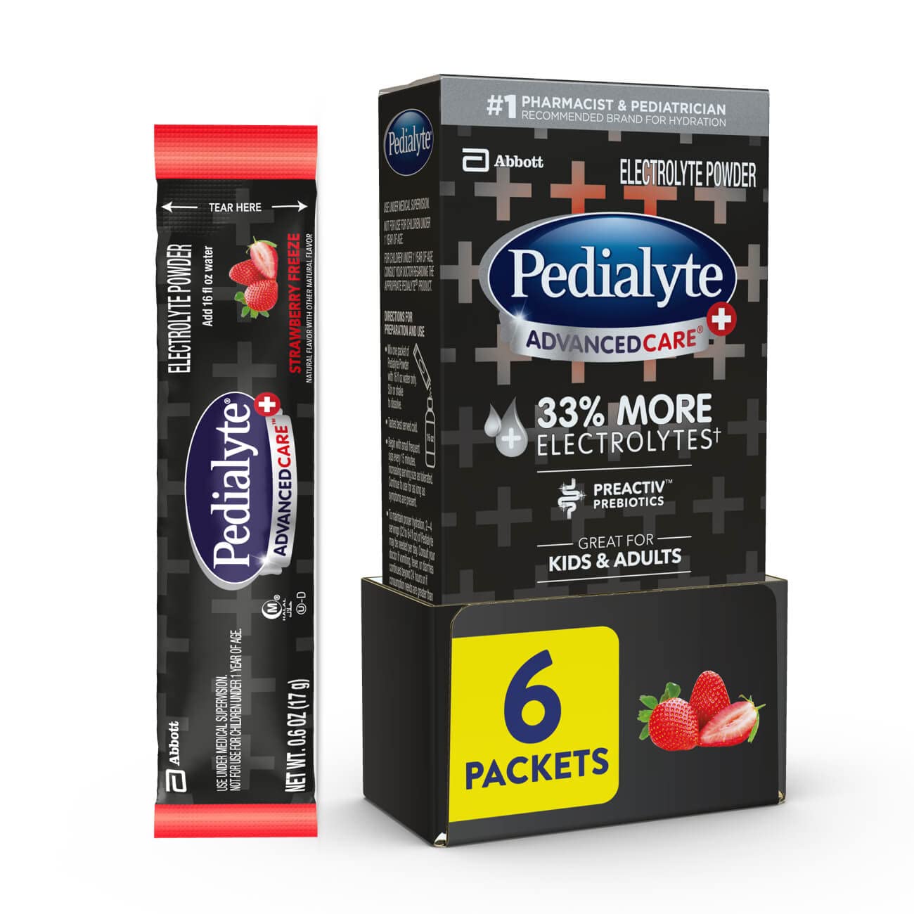 Pedialyte Advancedcare Plus Electrolyte Powder, With 33% More Electrolytes And Preactiv Prebiotics, Strawberry Freeze, Electrolyte Drink Powder Packets, 0.6 Oz, 6 Count