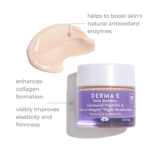 Derma E Advanced Peptides And Vegan Flora-Collagen Night Moisturizer – Hydrating Topical Facial Cream Improves Elasticity And Reduces Appearance Of Lines And Wrinkles, 2 Oz