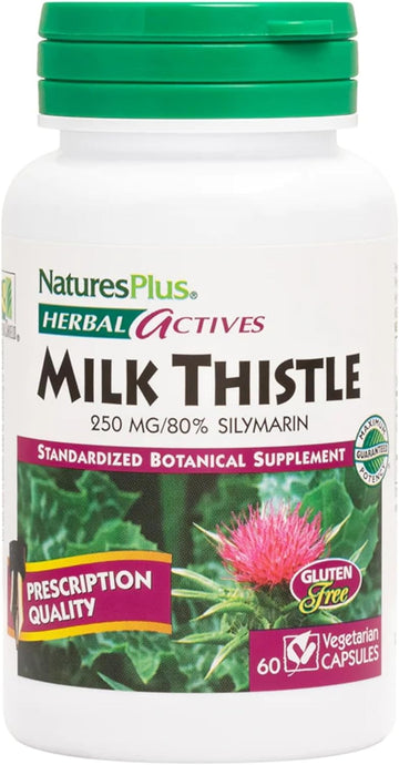 NaturesPlus Herbal Actives Milk Thistle - 250 mg, 80% Silymarin, 60 Vegan Capsules - Vegetarian, Gluten-Free - 60 Servings
