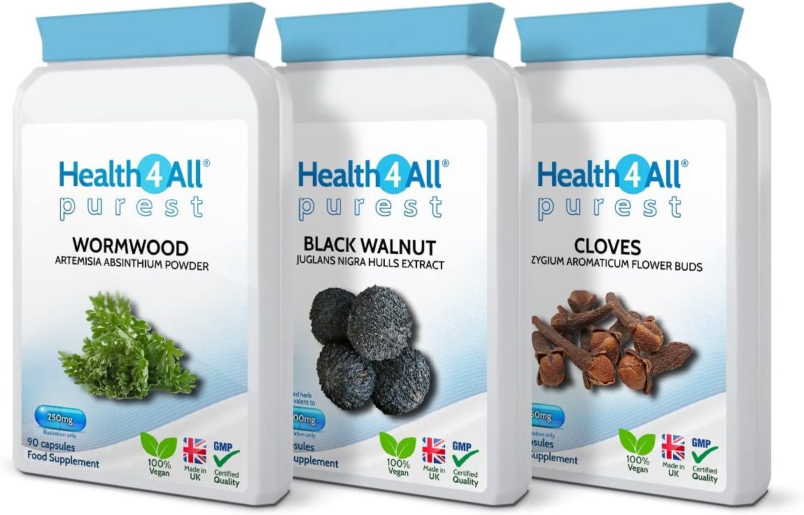 Health4All Wormwood, Black Walnut, Cloves Digestive Dewormer Detox Cleanse for Humans Set 3x90 Capsules. Vegan. Purest - no additives detox supplement