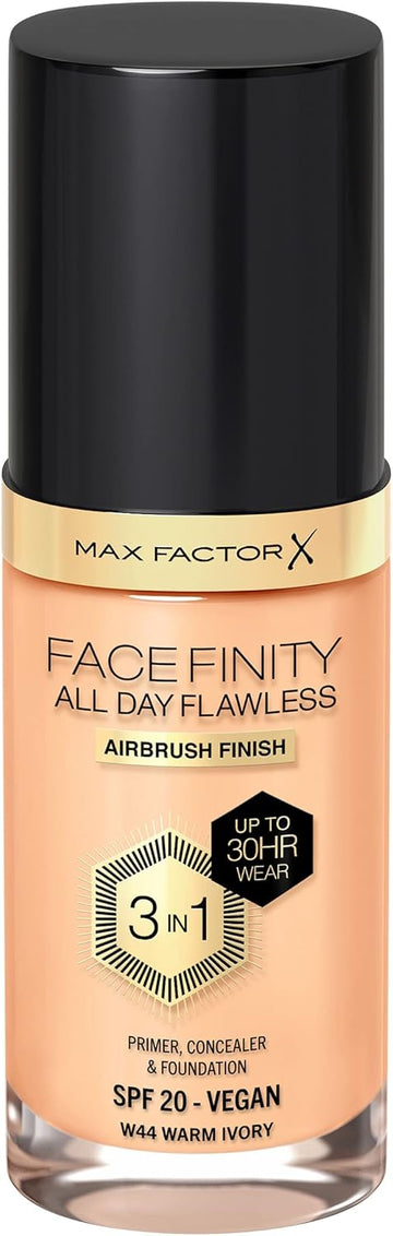 Max Factor Facefinity 3-In-1 All Day Flawless Liquid Foundation, Spf 20 - 44 Warm Ivory, 30 Ml