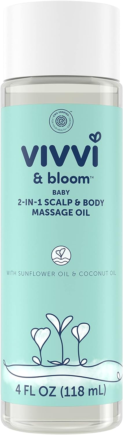 VIVVI & BLOOM Gentle 2-in-1 Baby Scalp & Body Massage Oil, Fast Absorbing Formula Ideal to Moisturize, for Massage to Remove Dry Flakes on Scalp, Hypoallergenic, 4 fl. Oz