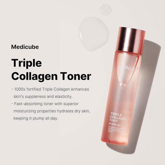 Medicube Triple Collagen Toner - Hydrolyzed, Atelo, & Soluble Collagen For Deep Hydration & Plump Skin - Fast-Absorbing Formula For All-Day Suppleness, Korean Skincare (4.73 Fl.Oz.)