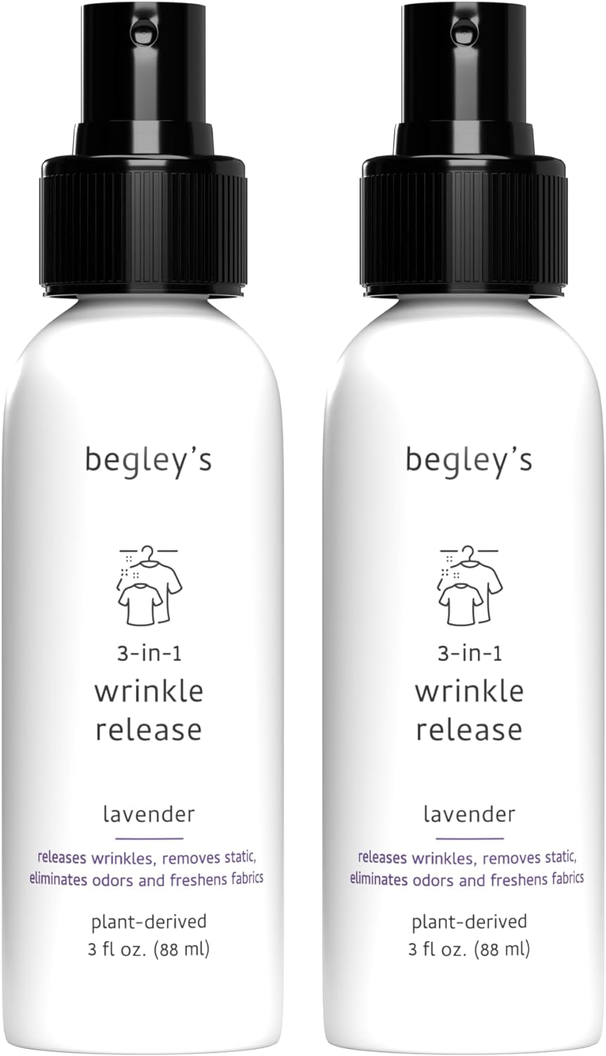 Begley's 3-in-1 Wrinkle Remover, Quick Fix Wrinkle Release, Static Cling Remover, Odor Eliminator and Fabric Refresher Spray - Plant-Derived, USDA Certified Biobased - Lavender, 3 oz Travel Size
