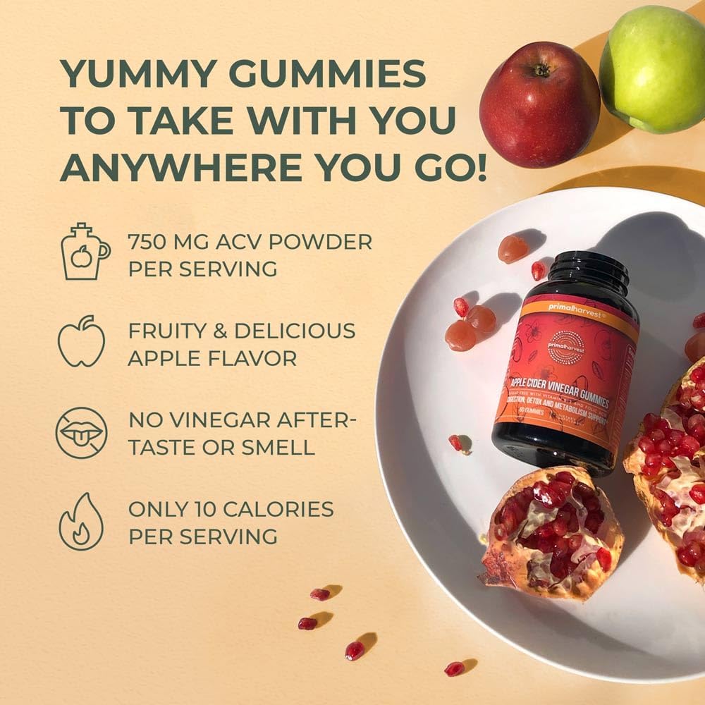 Primal Harvest ACV Gummies, 60 Sugar Free Apple Cider Gummies Beetroot and Pomegranate to Support Immunity, Digestion and Detox 750 MG : Health & Household