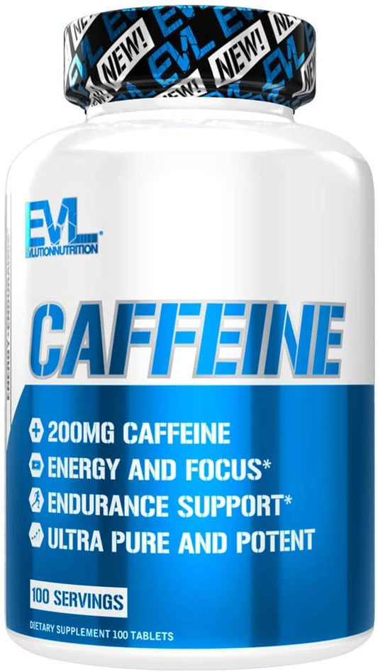Evlution Nutrition Caffeine - Energy, Focus, & Endurance Support - 200Mg Of Caffeine Per Serving - Ultra Pure & Potent - Maximize Work, Training & More - Dietary Supplement - 100 Servings -100 Tablets