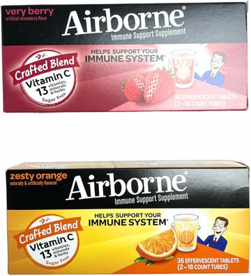 Immune Support Vitamin c chewable Tablets Tablets - Boost Your Health with Airborne effervescent Tablets Zesty Orange Very Berry 36CT Each Combo 2PK