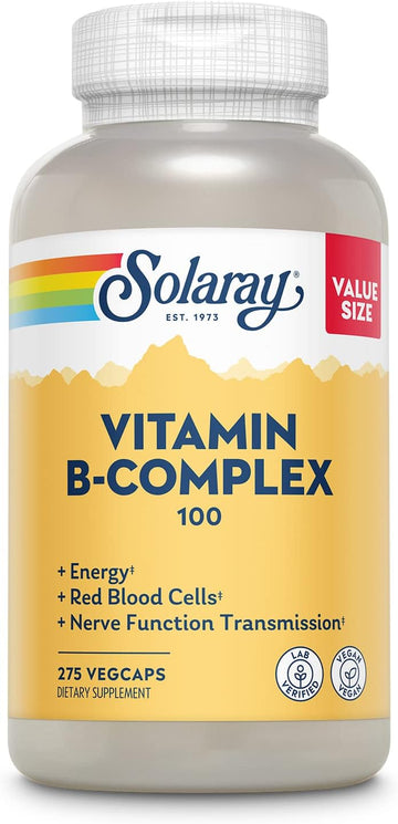 Solaray Vitamin B Complex 100 Mg, Healthy Energy Supplement, Red Blood Cell Formation, Nerve & Immune Support, Super B Complex Vitamins, Folic Acid, Vitamin B6, B12, Biotin, Vegan, 275 Vegcaps