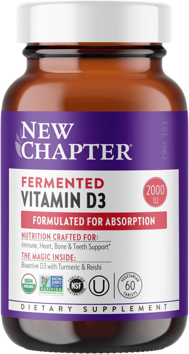 New Chapter Vitamin D3, Fermented Vitamin D3 2,000 IU, Organic, ONE Daily + Whole-Food Herbs, Adaptogenic Reishi Mushroom for Immune Support, Bone & Heart Health, 100% Vegetarian, Gluten-No-60 Count