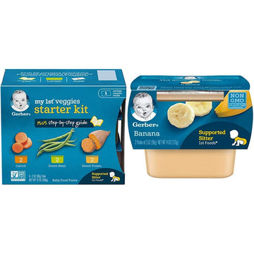 Gerber My 1St Veggies Starter Kit, Carrot, Green Bean & Sweet Potato Puree, 2 Ounce - 6 Count (Pack Of 2) And Gerber 1St Foods Baby Food Banana Puree, Natural & Non-Gmo, 2 Ounce Tubs, 2-Pack (Pack Of 8)