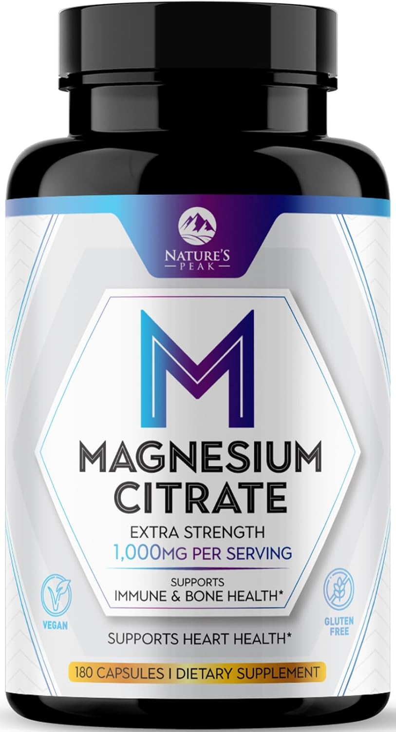 Magnesium Citrate Extra Strength 1000 Mg - High Absorption Magnesium Supplement For Muscle, Bone, Nerve & Heart Health Support, Magnesio Vitamin Pills, Non-Gmo, Nature'S Premium Formula - 180 Capsules