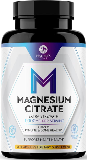 Magnesium Citrate Extra Strength 1000 Mg - High Absorption Magnesium Supplement For Muscle, Bone, Nerve & Heart Health Support, Magnesio Vitamin Pills, Non-Gmo, Nature'S Premium Formula - 180 Capsules
